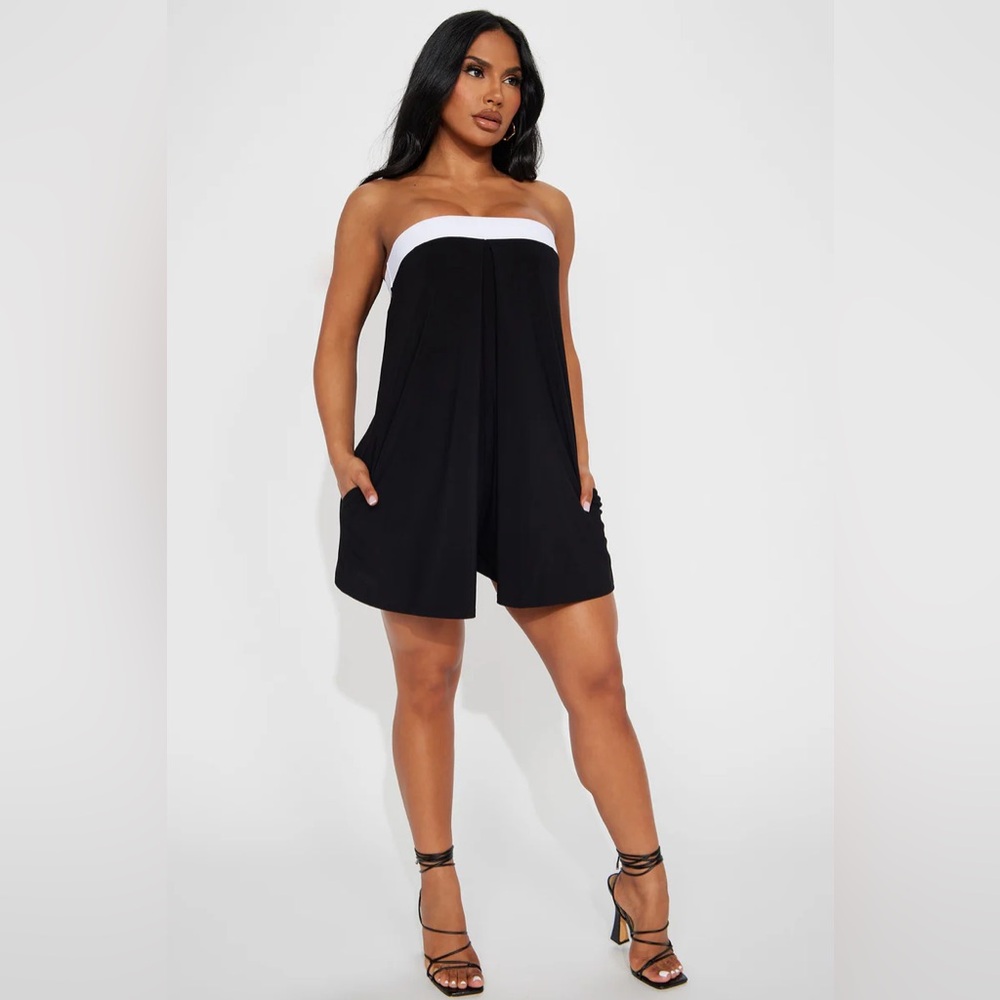 Elegant Strapless Black and White Romper